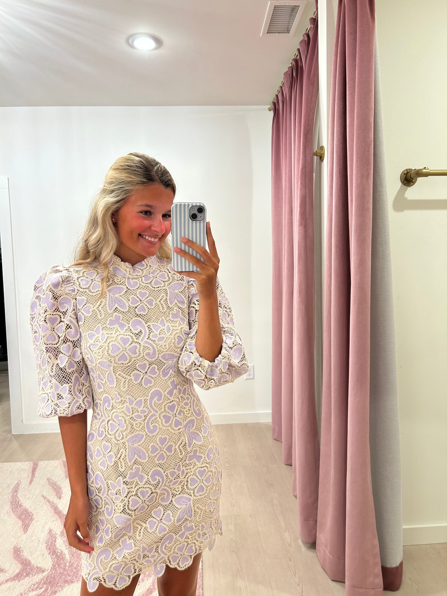 Elliatt Jasmine Puff Sleeve Mini Dress in Purple & Beige