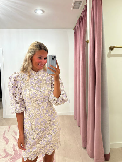 Elliatt Jasmine Puff Sleeve Mini Dress in Purple & Beige