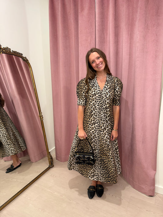 LEOPARD COTTON POPLIN V-NECK MAXI DRESS