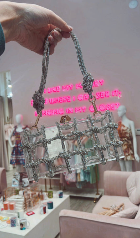 Clear Silver Embellished Clutch
