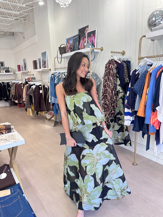 Elliatt Elysia Tiered Gown in Black & Green Floral