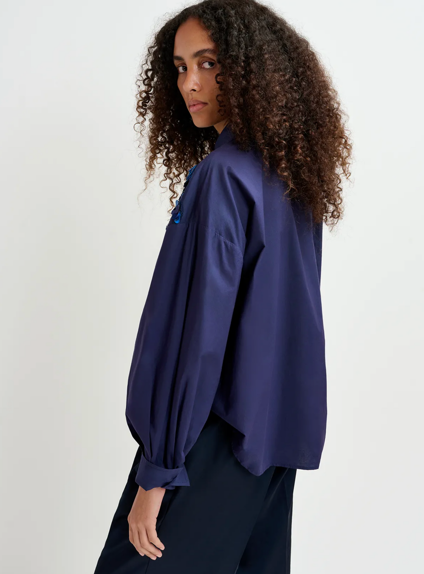 Essentiel Antwerp Navy blue cotton shirt with sequin and beaded embroideries