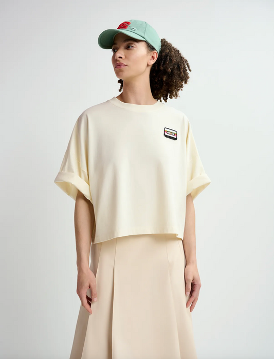 Essentiel Antwerp Ecru organic cotton cropped T-shirt with embroidery