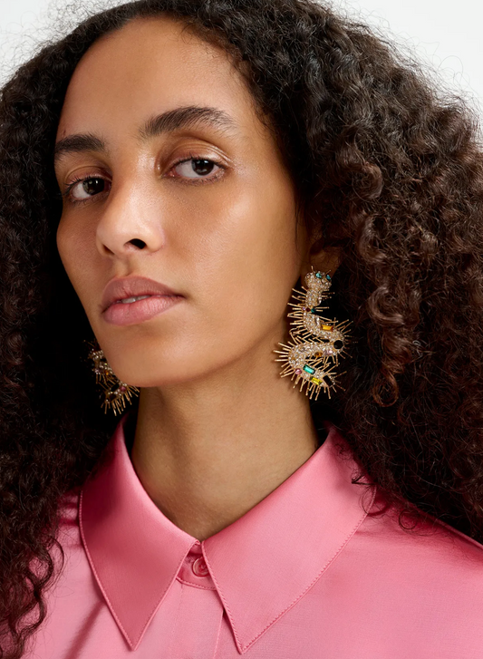 ESSENTIEL ANTWERP Gold, silver and blue rhinestone centipede earrings