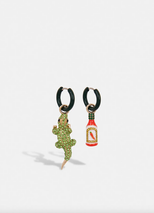 ESSENTIEL ANTWERP Black hoop earrings with crocodile and hot sauce pendants