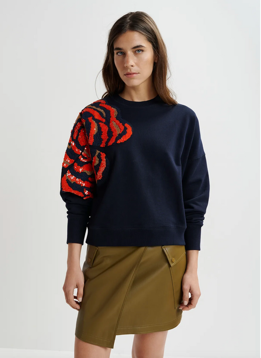 ESSENTIEL ANTWERP Navy blue organic cotton sweatshirt with sequin and bead embroideries