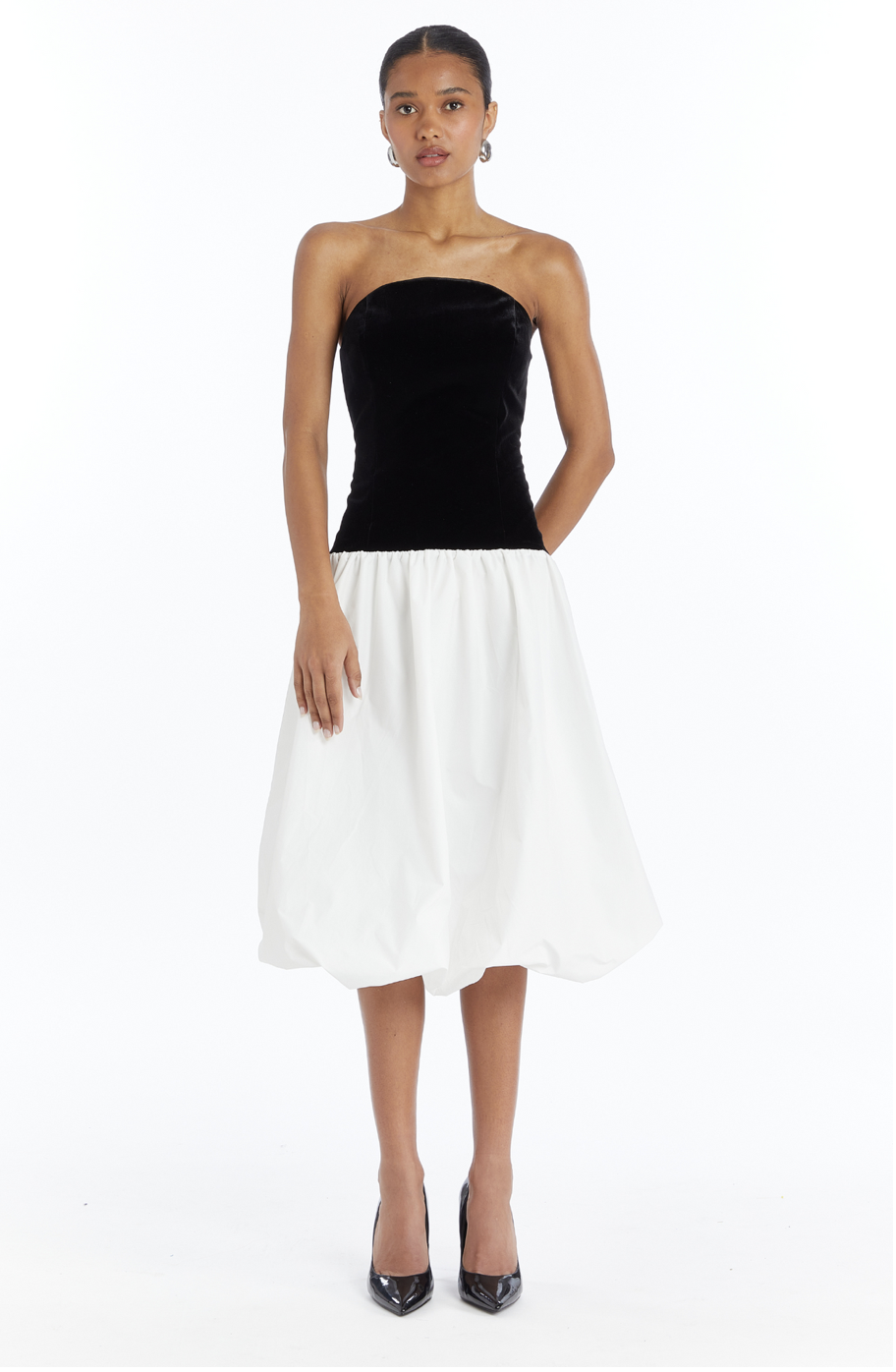 Strapless Midi Valencia Dress in Black/White | M