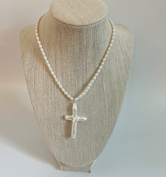 M Designs Jewelry Mini Pearl Cross Necklace