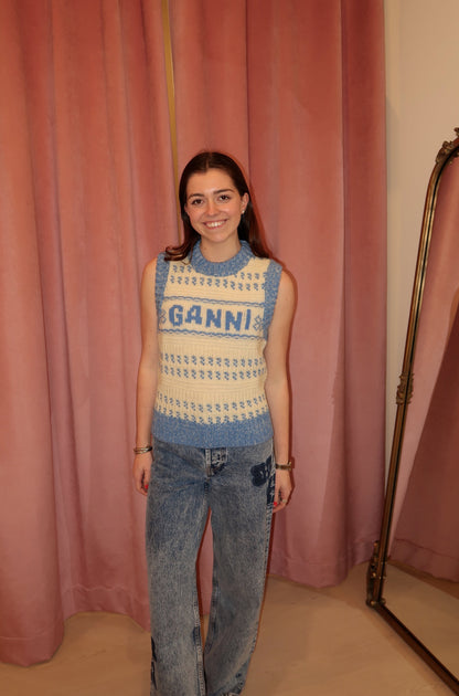 GANNI Blue Graphic O-Neck Vest