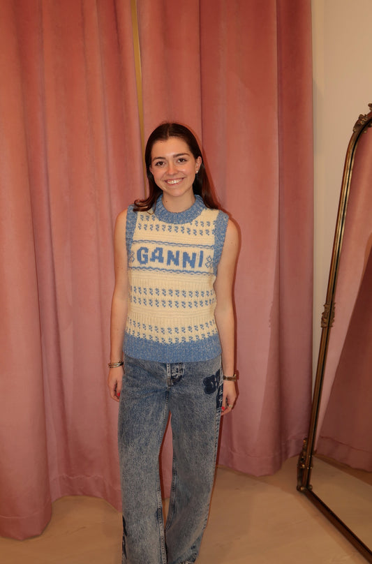 GANNI Blue Graphic O-Neck Vest