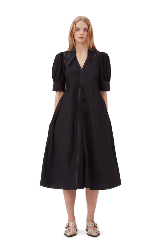 Ganni Cotton Poplin V-Neck Midi Dress