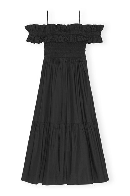 Ganni Black Cotton Poplin Long Smock Dress