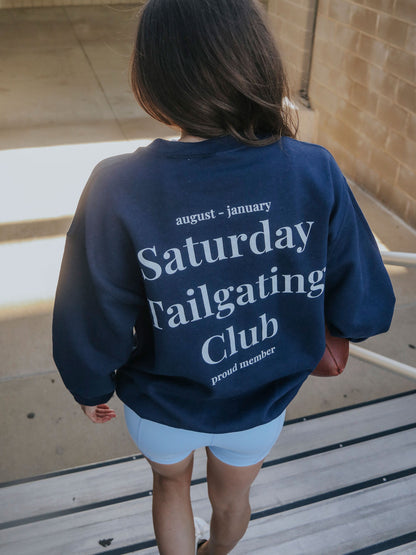 SATURDAY TAILGATING CLUB NAVY SWEATSHIRT (front + back)
