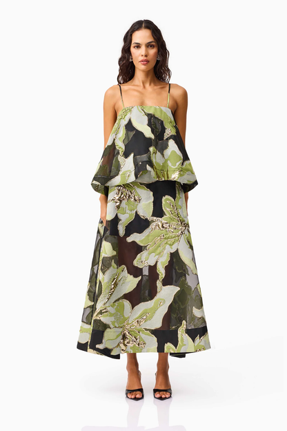 Elliatt Elysia Tiered Gown in Black & Green Floral