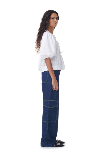Ganni Cotton Poplin Peplum Tie Blouse