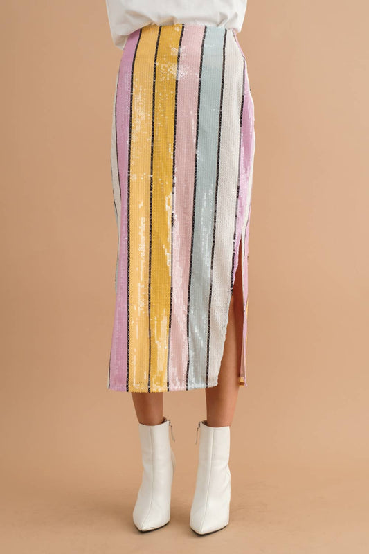 Multi Stripe Sequin Side Slit Midi Pencil Skirt
