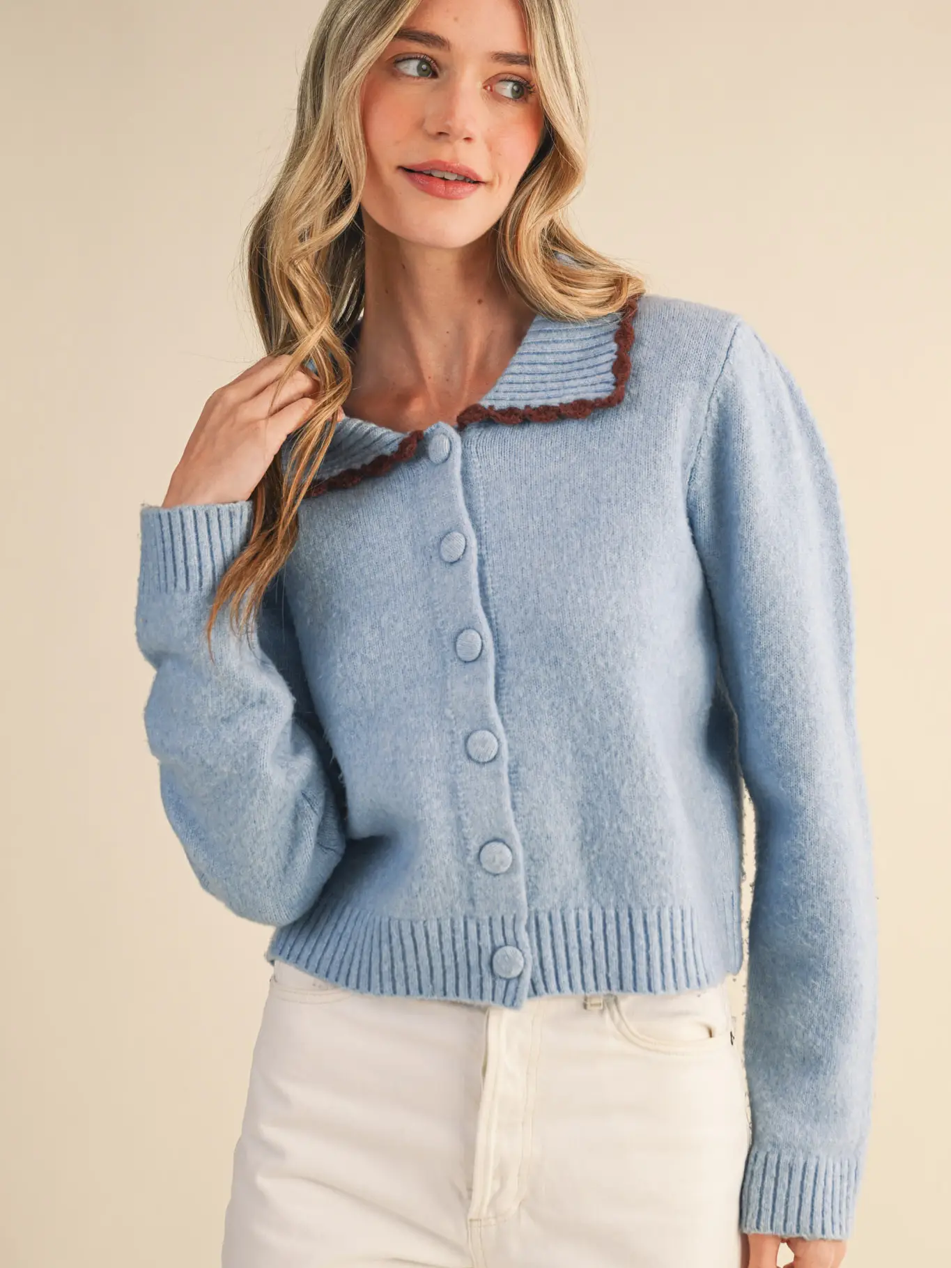 Contrast Scalloped Collar Sweater Cardigan