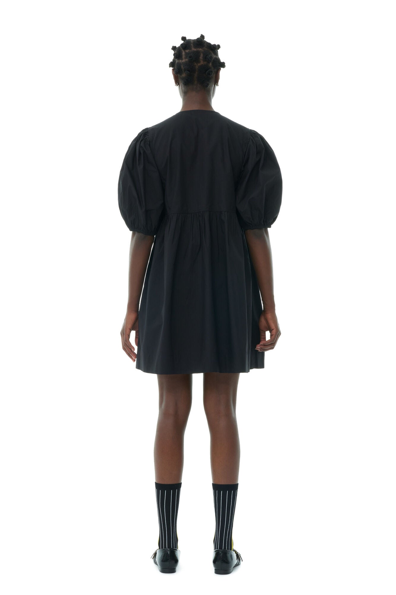 Ganni BLACK COTTON POPLIN TIE STRING MINI DRESS