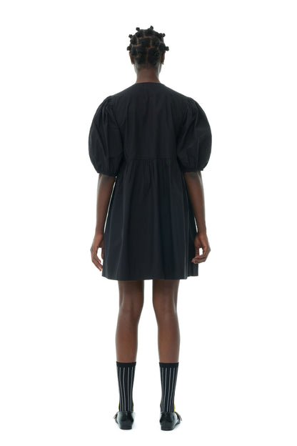 Ganni BLACK COTTON POPLIN TIE STRING MINI DRESS