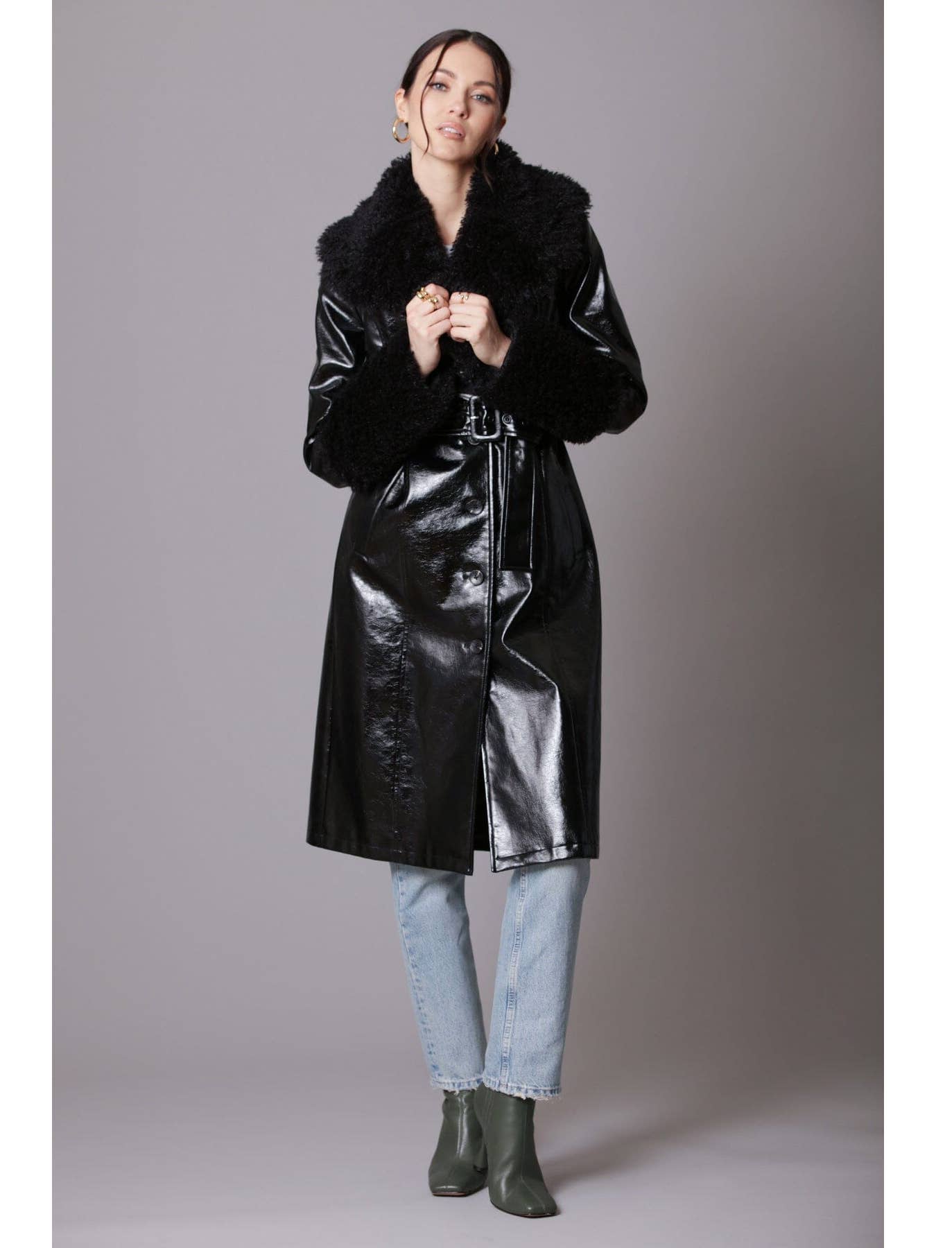 Faux Fur-Trimmed Patent Trench Coat