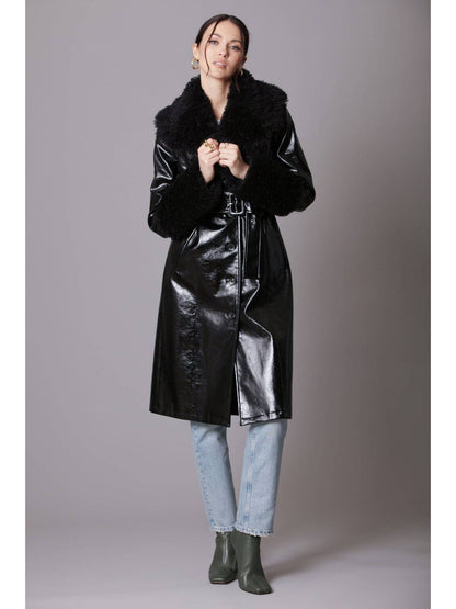 Faux Fur-Trimmed Patent Trench Coat