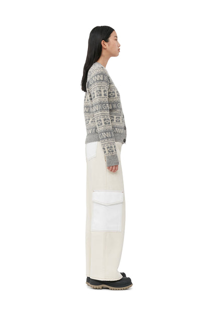 Ganni Grey Logo Wool Mix Cardigan