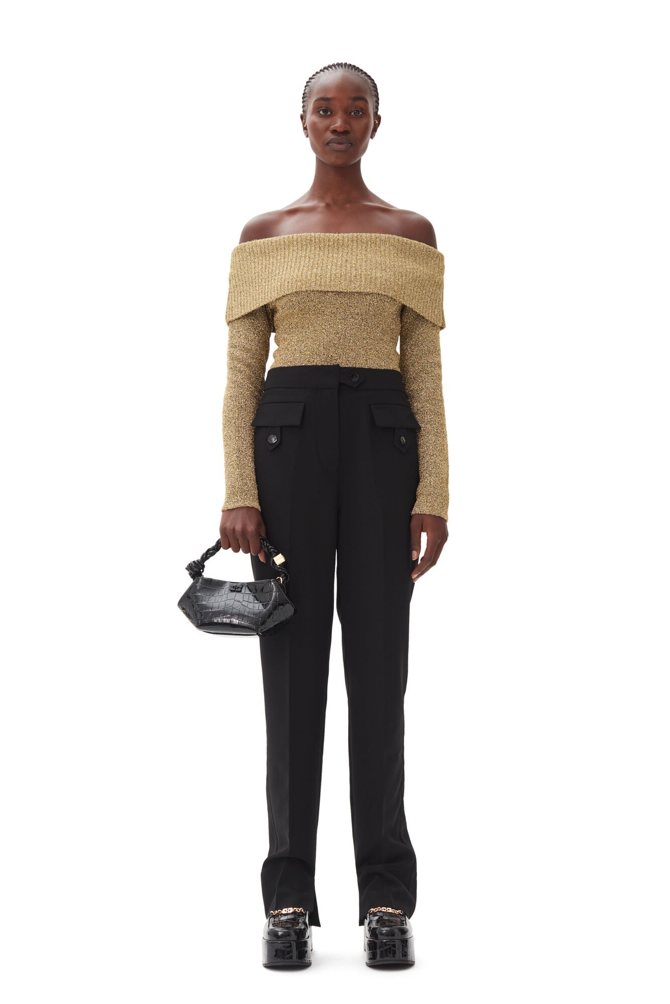 Ganni GOLD SPARKLE OFF-THE-SHOULDER BLOUSE