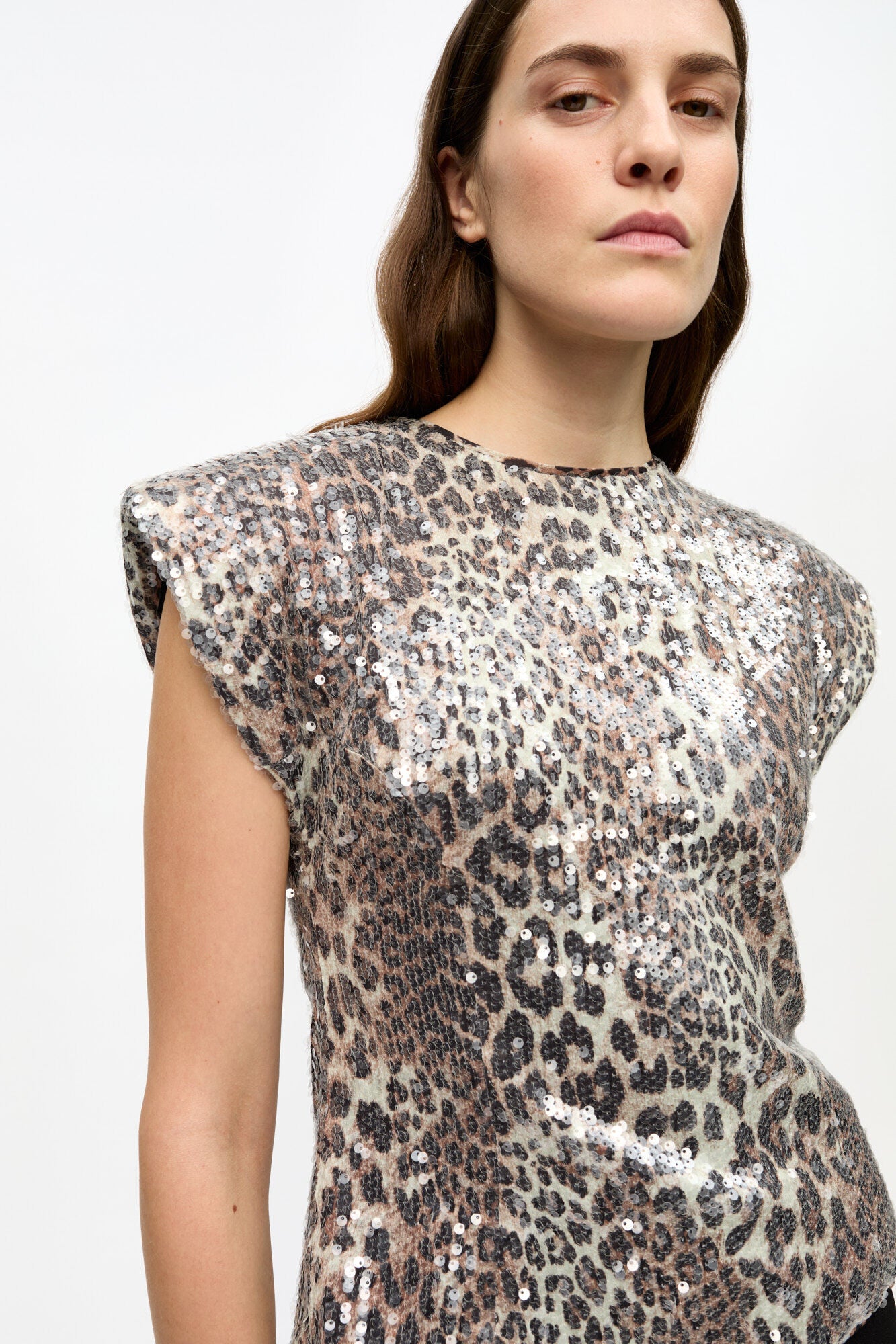 Ganni LEOPARD PRINTED STRETCH SEQUINS BLOUSE