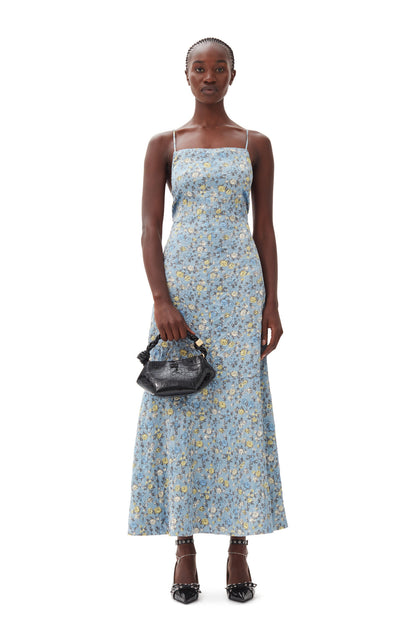 Ganni BLUE FLORAL CRINKLED SATIN LONG DRESS