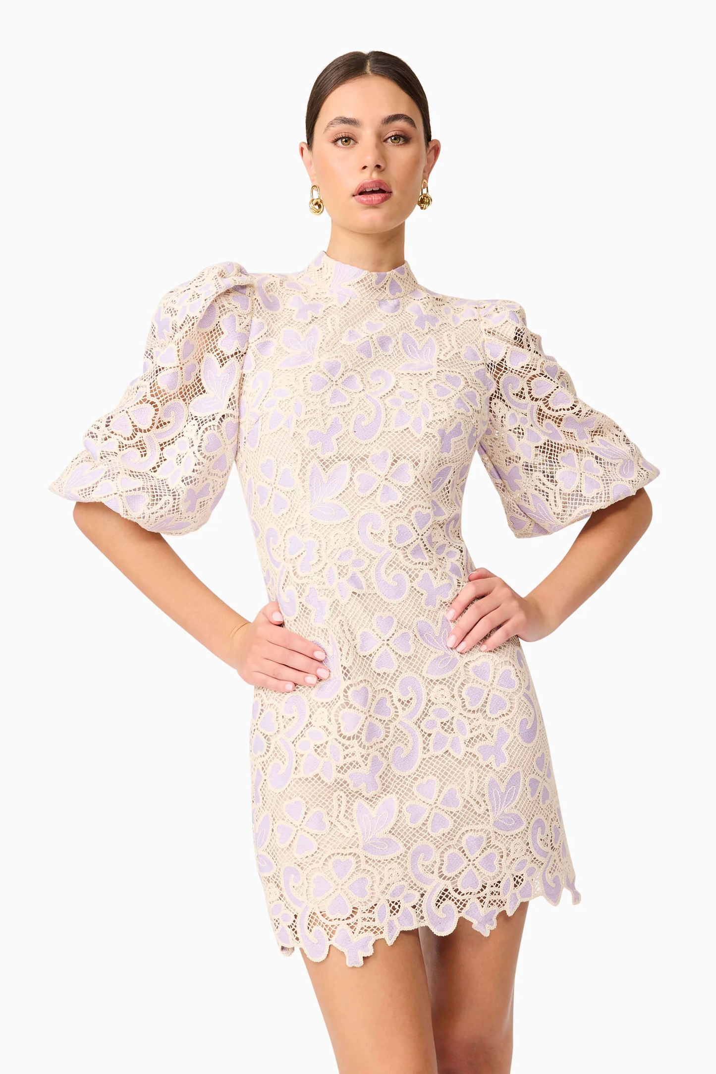 Elliatt Jasmine Puff Sleeve Mini Dress in Purple & Beige