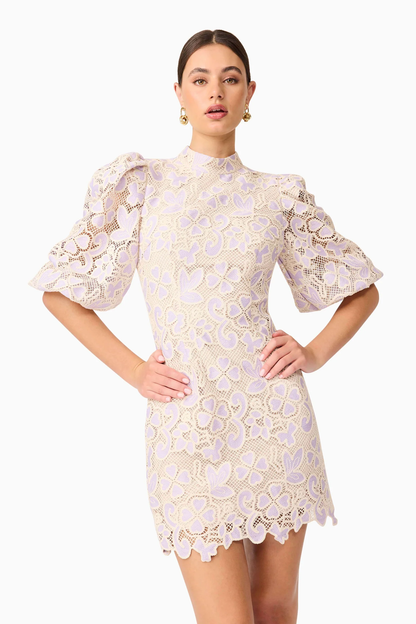 Elliatt Jasmine Puff Sleeve Mini Dress in Purple & Beige