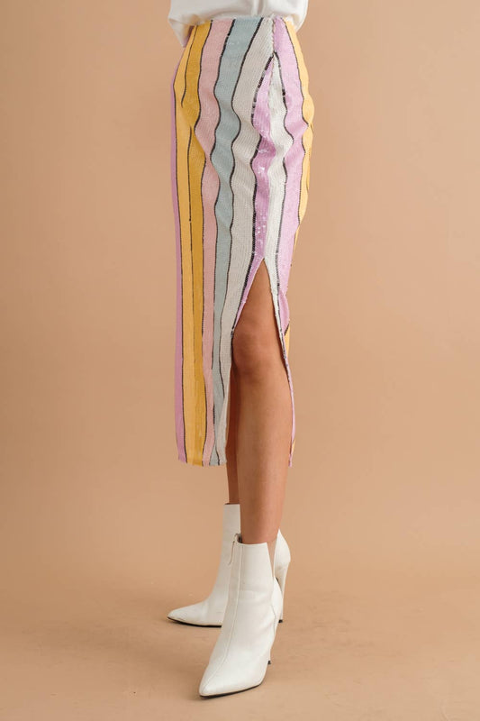 Multi Stripe Sequin Side Slit Midi Pencil Skirt