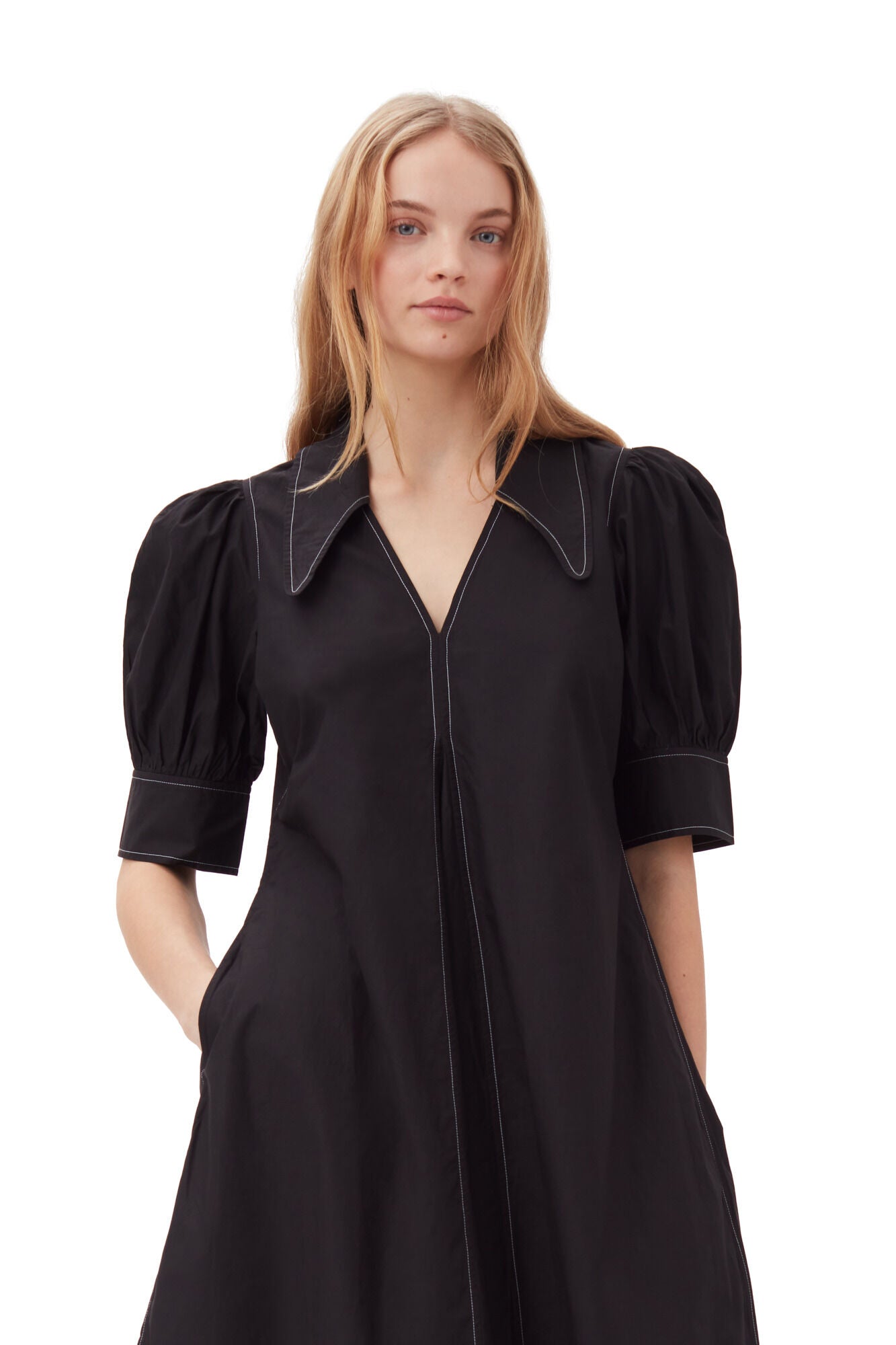 Ganni Cotton Poplin V-Neck Midi Dress