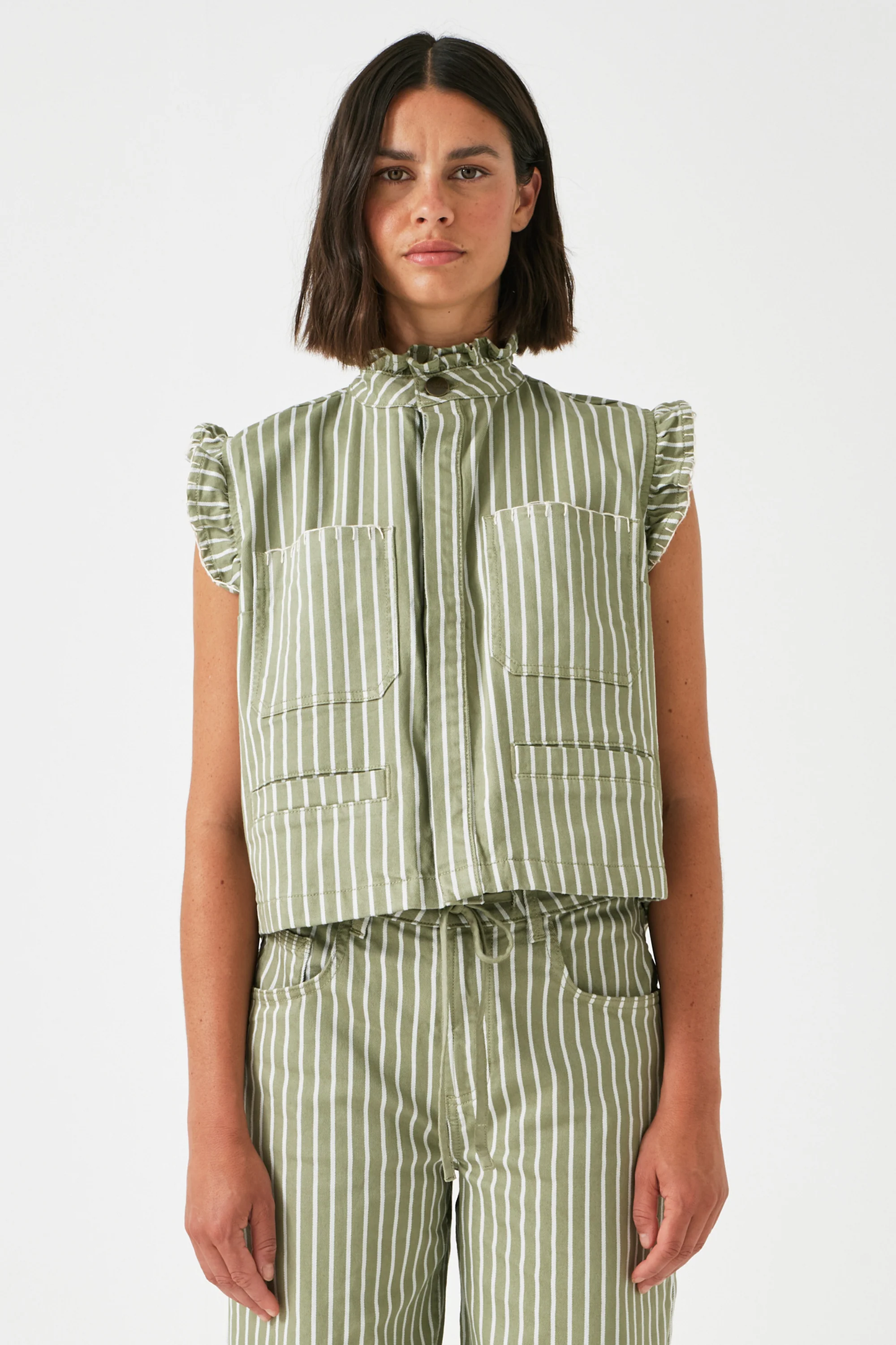 Seventy + Mochi Pablo Vest in Vintage Moss Wide Stripe