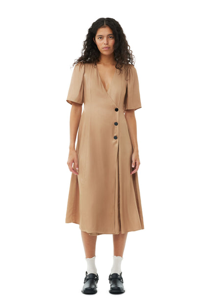 Ganni Brown Viscose Twill Wrap Midi Dress