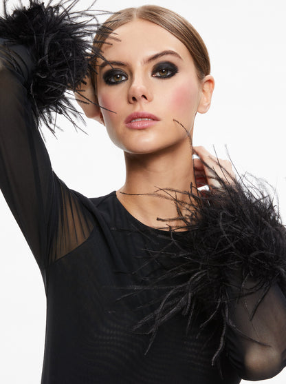 Alice & Olivia Delaina Feather Cuff Sleeve Top