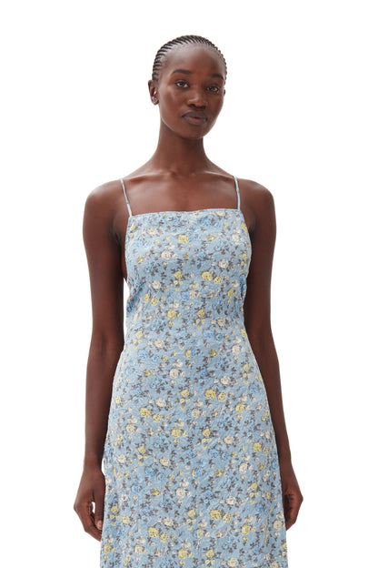 Ganni BLUE FLORAL CRINKLED SATIN LONG DRESS Shop at the Mix Ganni BLUE FLORAL CRINKLED SATIN LONG DRESS Shop at the Mix