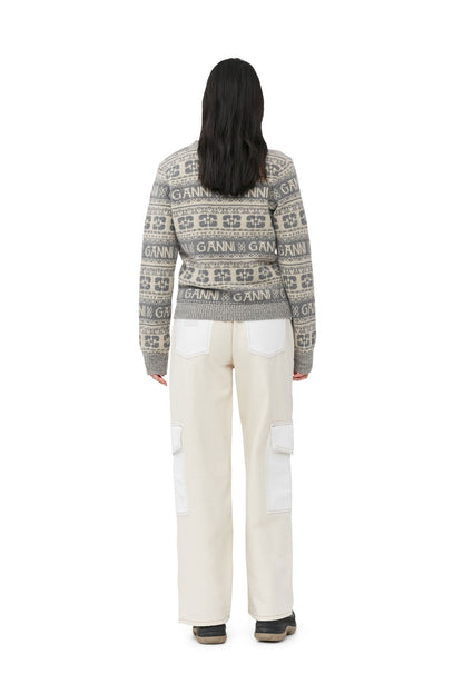 Ganni Grey Logo Wool Mix Cardigan