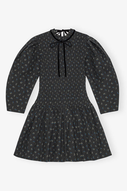 Ganni BLACK PRINTED MINI SMOCK DRESS