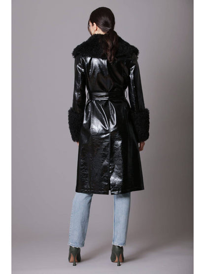 Faux Fur-Trimmed Patent Trench Coat