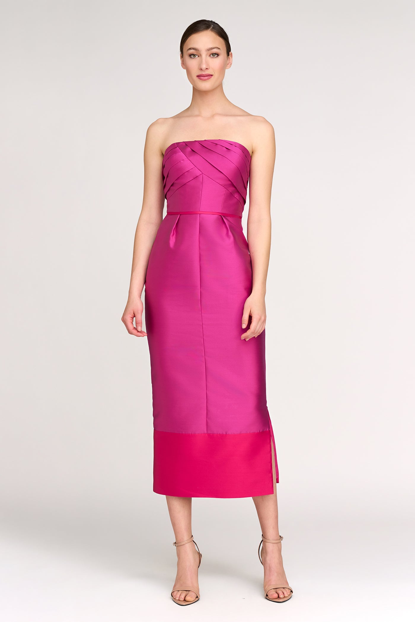 Kay Unger India Taffeta Color Block Strapless Neck Sleeveless Pleated Sheath Midi Dress, Womens, 2, Lt. Cerise/Bright Pink