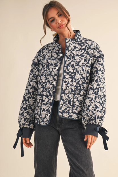 Floral Quilted Jacket with Ribbon
