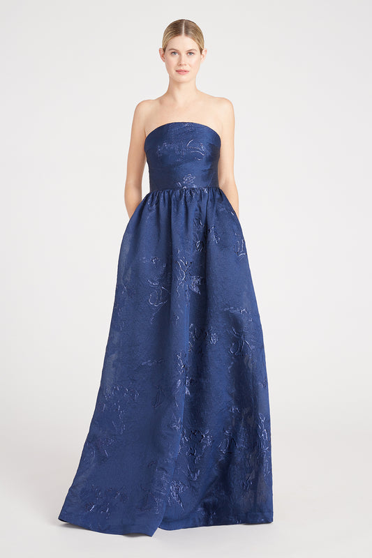 Monique Lhuillier Strapless Jacquard Long Dress