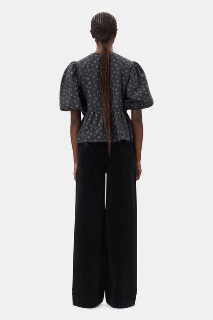 Ganni Printed Cotton Peplum Blouse