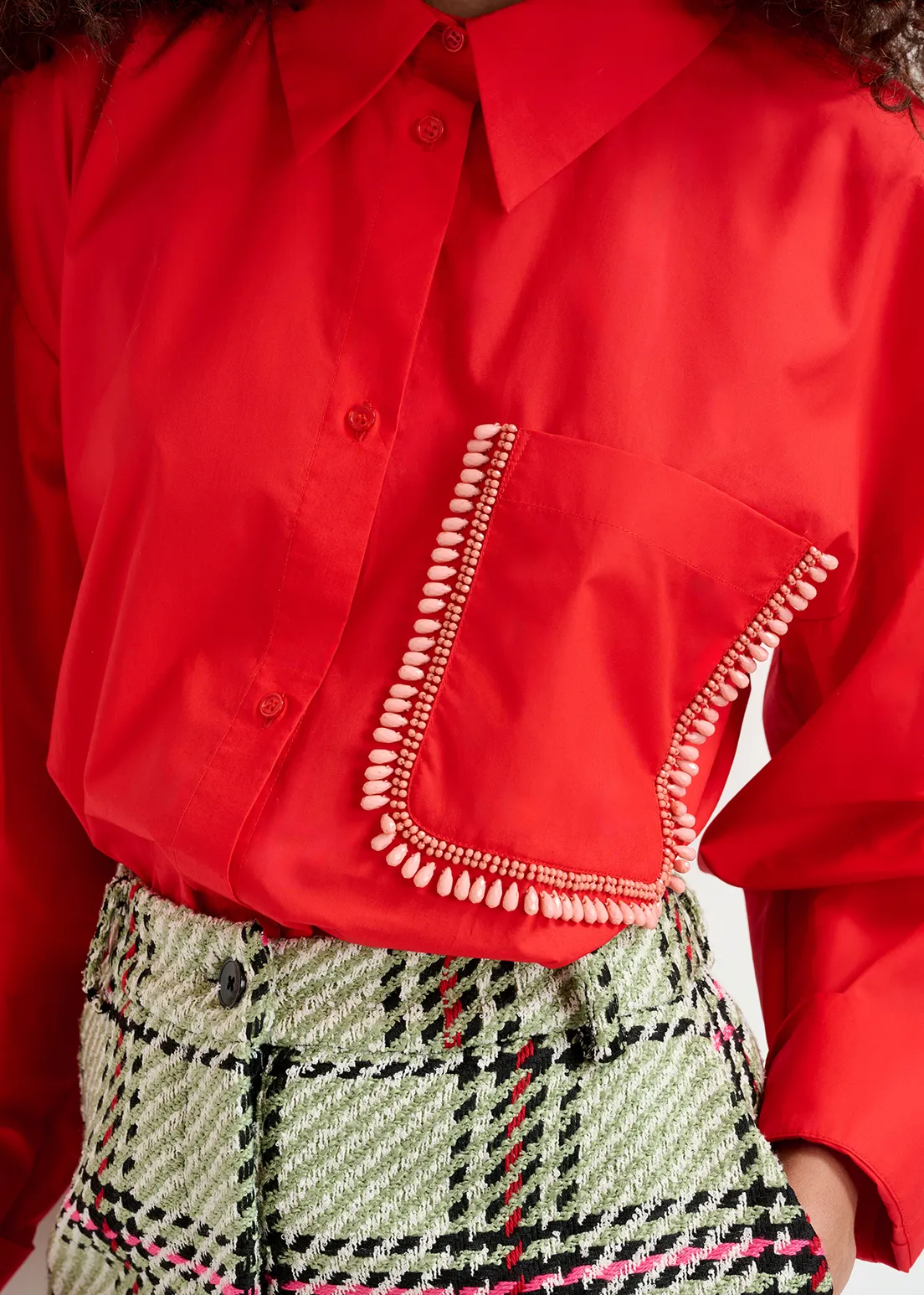 Essentiel Antwerp Red cotton shirt with beaded embroidery