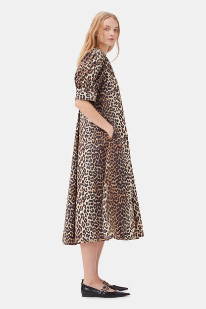 LEOPARD COTTON POPLIN V-NECK MAXI DRESS