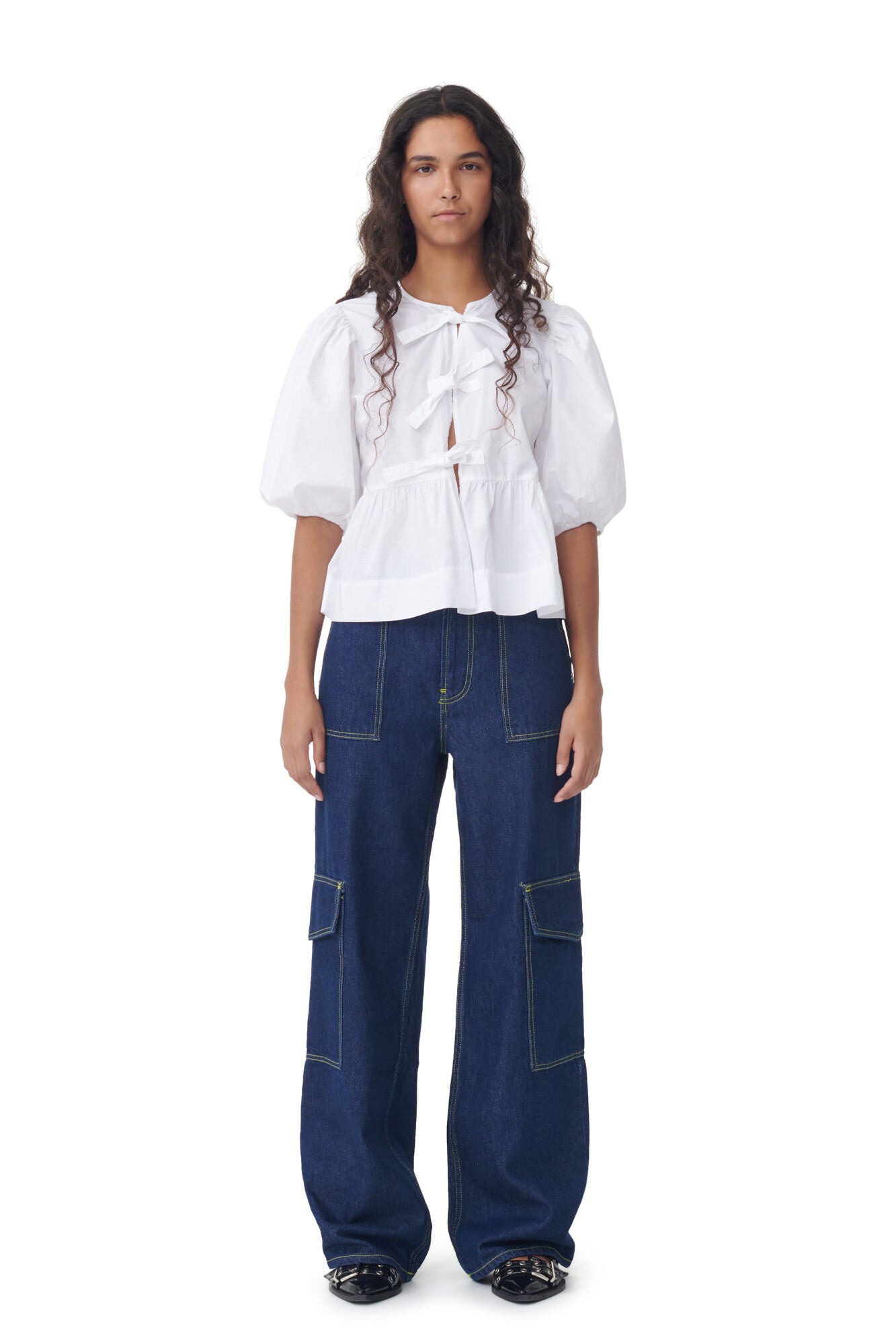 Ganni Cotton Poplin Peplum Tie Blouse