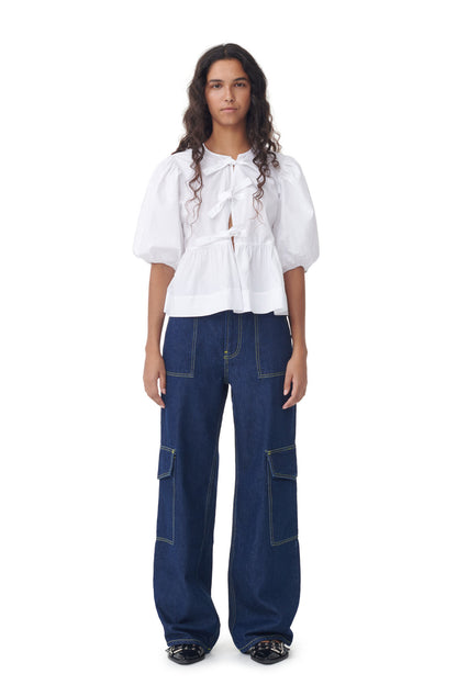 Ganni Cotton Poplin Peplum Tie Blouse