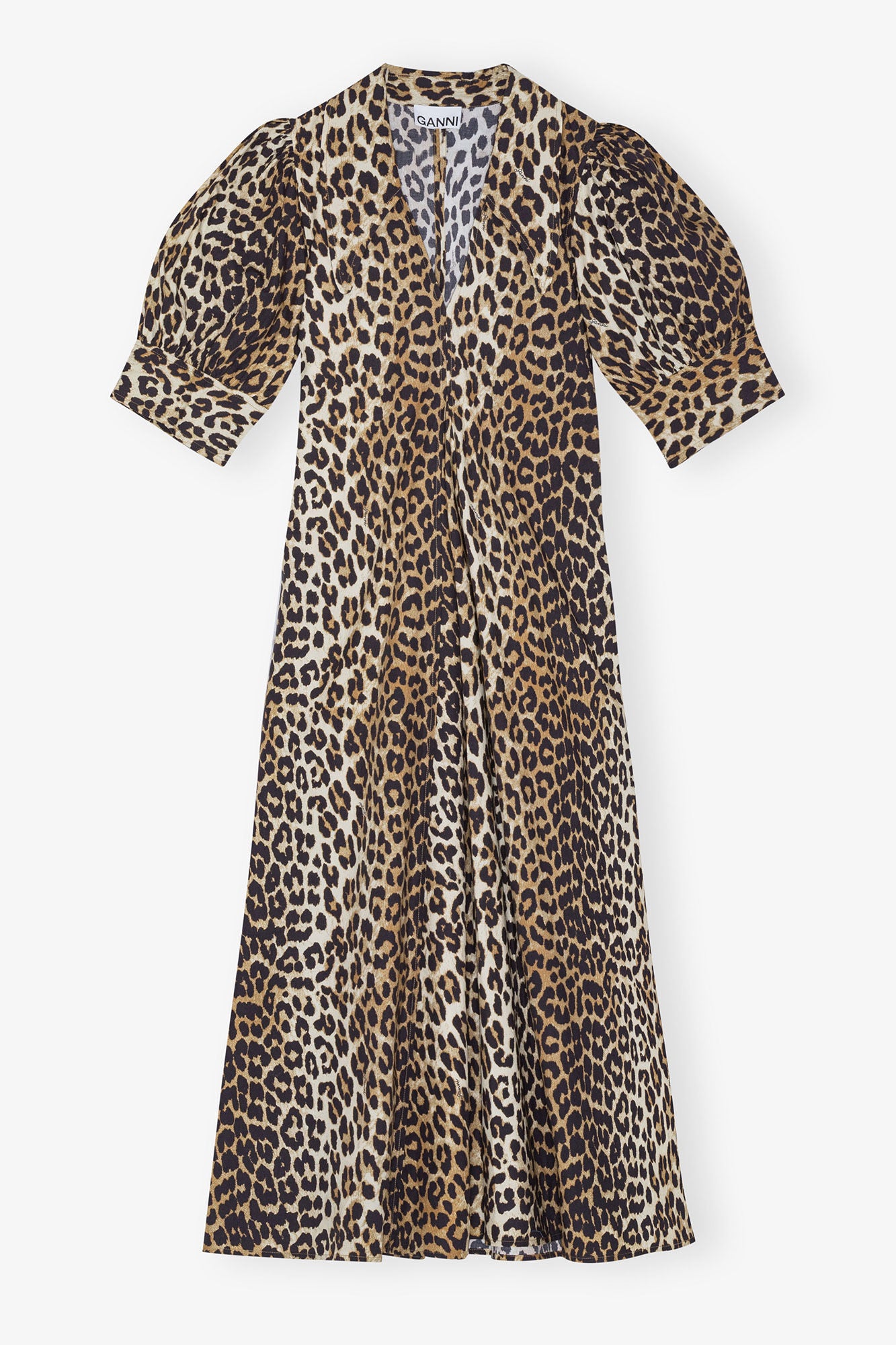 LEOPARD COTTON POPLIN V-NECK MAXI DRESS