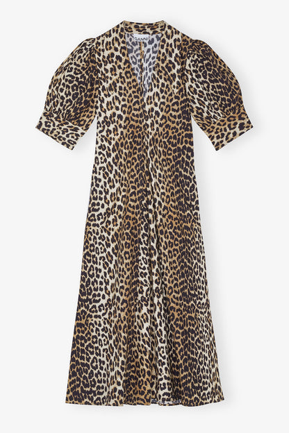 LEOPARD COTTON POPLIN V-NECK MAXI DRESS